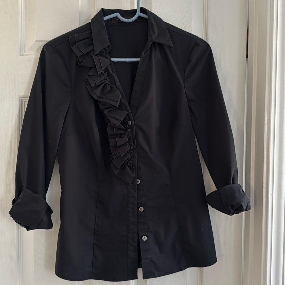 Black Button down long sleeve shirt with ruffle detailing